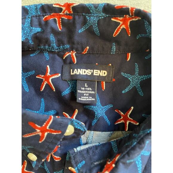 Lands End Button Down Shirt Mens L 16-16 1/2 Red White Blue Starfish shortslve - Picture 6 of 9